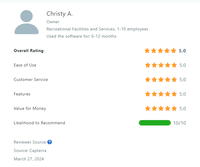 Review from Cristy A. 
"The absolute best campground management software"
Overall Rating = 5 stars
Ease of Use = 5 stars
Customer Service = 5 stars
Features = 5 Stars
Value for Money = 5 Stars
Likelihood to Recommend = 5 stars